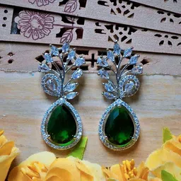 Gemron Jewel Rhodium-Plated American Diamond Studded Teardrop Shaped Drop Earrings-picture-34