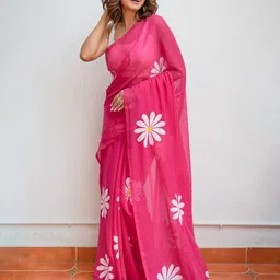 yourwish Floral Printed Pure Linen Saree image 5