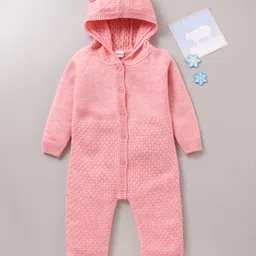Babyhug Full Sleeves Hooded Winter Romper Solid - Pink-picture-12