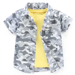 Babyhug 100% Cotton Woven Half Sleeves Regular Collar Camo Printed Shirt with Half Sleeves T-Shirt - Grey & Yellow-picture-37