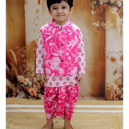 KID1 Full Sleeves Floral Printed Kurta & Dhoti With Jacket Set - Pink-picture-16
