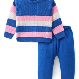 Doodle Poodle Knitted Full Sleeves Striped Sweater Set with Cable Knit Design - Blue & Pink-picture-30