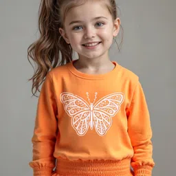 Babyhug Cotton Knit Full Sleeves Top With Butterfly Print & Smocking Detailing - Orange-picture-15