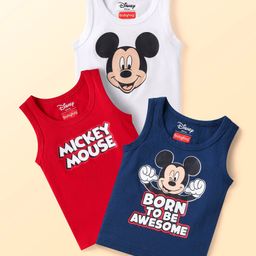 Babyhug Disney Interlock Knit Sleeveless Vests with Mickey Mouse Print Pack of 3 - Red White & Navy Blue-picture-6