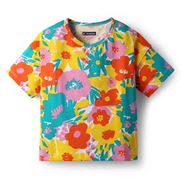 Pine Kids Cotton Knit Half Sleeves Drop Shoulder T-Shirt With Floral Print - White & Yellow-picture-19