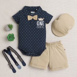 BUMZEE Cotton Knit Half Sleeves Star Print Bodysuit & Short Set With Suspender Bow & Cap - Navy & Beige-picture-4