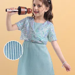 Hola Bonita Knit Half Sleeves Sequin Jacket With Foil Pleated Inner Party Dress & Belt - Light Blue image 1