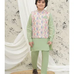 AJ Dezines Cotton Full Sleeves Solid Kurta & Pyjama With Floral Printed Jacket Set - Pista-picture-23