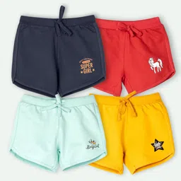 Ariel Cotton Knit Pack Of 4 Unicorn & Typography Printed Shorts - Red Yellow Sky & Navy Blue image 1