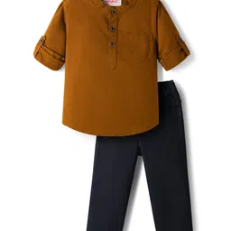 Babyhug Cotton Woven Full Sleeves Solid Color Mandarin Collar Shirt and Denim Jeans Set - Rust Orange & Black-picture-37