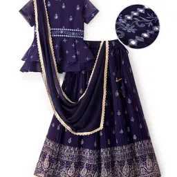 Pine Kids Woven Half Sleeves Choli Lehenga & Dupatta Set With Floral & Mirror Embroidery - Navy Blue-picture-36