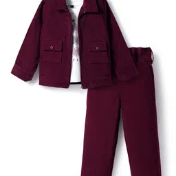 Robo Fry Cotton Woven Full Sleeves Jacket T-Shirt & Trouser Set With Text Print - Maroon & White-picture-19