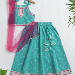 The Magic Wand Cotton Woven Sleeveless Floral Printed & Gota Lace Embellished Lehenga Choli With Dupatta Set - Mint-picture-32