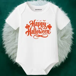 KNITROOT Halloween Theme Cotton Lycra Knit Half Sleeves Happy Halloween Text Printed Onesie - White image 1