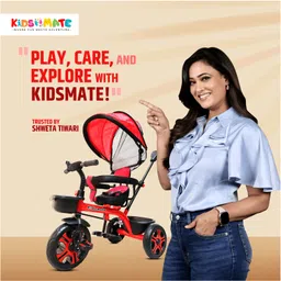 Kidsmate Champ Tricycle with Canopy Safety Guard Rail and Parental Control Fabric Cushion Seat & Bell- Red image 2