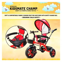 Kidsmate Champ Tricycle with Canopy Safety Guard Rail and Parental Control Fabric Cushion Seat & Bell- Red image 3