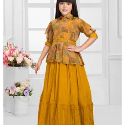 Betty By Tiny Kingdom Woven Three Fourth Sleeves Leaves Printed Beads Embellished Gown - Yellow image 4