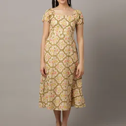OZURY Ethnic Motifs Printed Puff Sleeve A-Line Midi Dress image 5