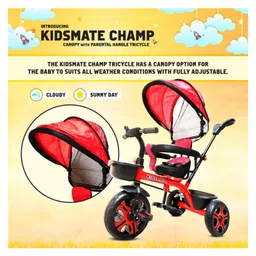 Kidsmate Champ Tricycle with Canopy Safety Guard Rail and Parental Control Fabric Cushion Seat & Bell- Red image 4