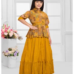 Betty By Tiny Kingdom Woven Three Fourth Sleeves Leaves Printed Beads Embellished Gown - Yellow image 5