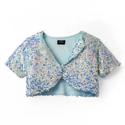 Hola Bonita Knit Half Sleeves Sequin Jacket With Foil Pleated Inner Party Dress & Belt - Light Blue image 5