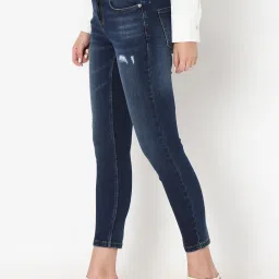 Vero Moda Dark Blue Cotton Distressed Regular Fit Mid Rise Jeans image 4