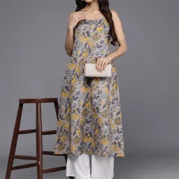 Varanga Grey Cotton Floral Print Anarkali Kurta image 4