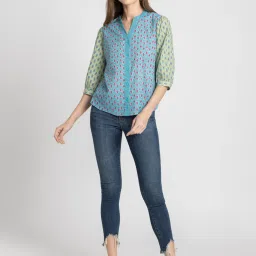 SHAYE Blue Cotton Printed Shirt image 4
