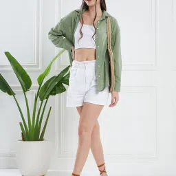 KASSUALLY Sage Green Cotton Self Design Oversized Shirt image 4