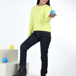 Wingsfield Girls Yellow Self Full Sleeves Sweaters & Cardigans image 4