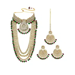 Peora Gold-Plated Kundan Beads Bridal Choker Long Necklace Earrings Maangtikka Wedding Jewellery Set image 4