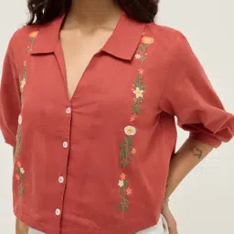 Bombay Paisley by Westside Rust Floral Embroidered Cotton Blend Shirt image 4