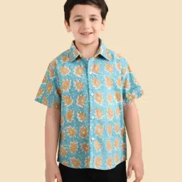 Fabindia boys Aqua Printed Spread Collar Short Sleeves Shirt-picture-22