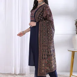 Vbuyz Floral Printed Notch Neck Mirror Work Cotton Straight Kurta With Palazzos & Dupatta image 2
