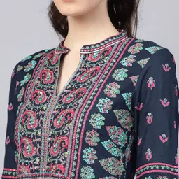 W Women Navy Blue and Sea Green Printed Layered Maxi Dress image 3