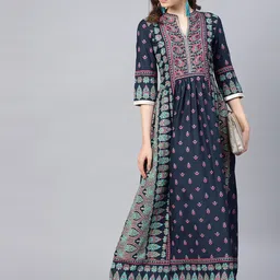 W Women Navy Blue and Sea Green Printed Layered Maxi Dress image 4