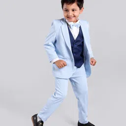 Babyhug Full Sleeves Party Wear Suit with Waistcoat & Bow - Blue-picture-24
