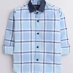 Polka Tots Full Sleeves Denim Collar Detail Checkered Shirt - Light Blue-picture-16
