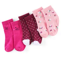 cute walk by babyhug Cutewalk By Babyhug Anti Bacterial Ankle Length Socks Floral & Kitty Print Pack Of 3 - Peach Pink & Purple-picture-12