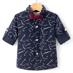 JASH KIDS Cotton Woven Full Sleeves Printed Shirt with Bow - Navy-image-26