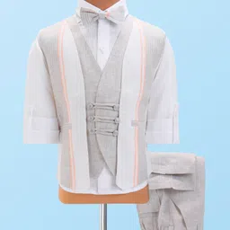 Robo Fry Linen Knit Full Sleeves 3 Piece Party Suit With Bow - White-picture-14