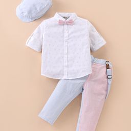 ToffyHouse 100% Cotton Woven Full Sleeves Hot Air Balloon Printed Shirt & Trouser Set with Hat Bow & Suspender - White Pink & Blue-picture-2