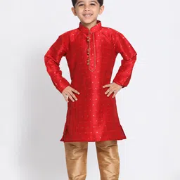 JBN Creation Silk Full Sleeves Woven Foil Printed Kurta & Solid Pyjama Set - Maroon & Gold-image-79