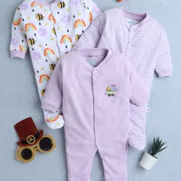 BUMZEE Cotton Full Sleeves Rainbow & Bee Print Sleepsuit Pack Of 3 - Lavender & White-image-7