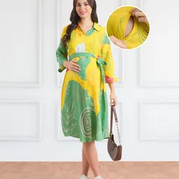 Bella Mama Viscose Woven Three Fourth Sleeves Front Open Maternity Shirt Dress With Tropical Theme Print - Yellow-picture-12