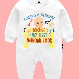The Peppy Tend 100% Cotton Mundan Theme Full Sleeves Rocking My First Mundan Look Text Printed Romper - White-picture-33