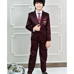 BT DEZINES Satin Full Sleeves Solid 3 Piece Party Suit Set With Polka Dots Printed Tie - Maroon image 1