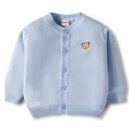 Babyhug Cotton Knit Full Sleeves Front Open Sweater With Teddy Bear Embroidery - Light Blue-image-61