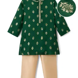 Babyhug Woven Full Sleeves Kurta Pajama Set With Floral Foil Print - Green-picture-13