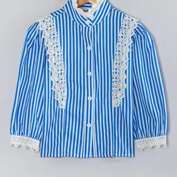 Hugsntugs Cotton Woven Full Sleeves Striped Lace Detailed Shirt Style Top - Blue-picture-18